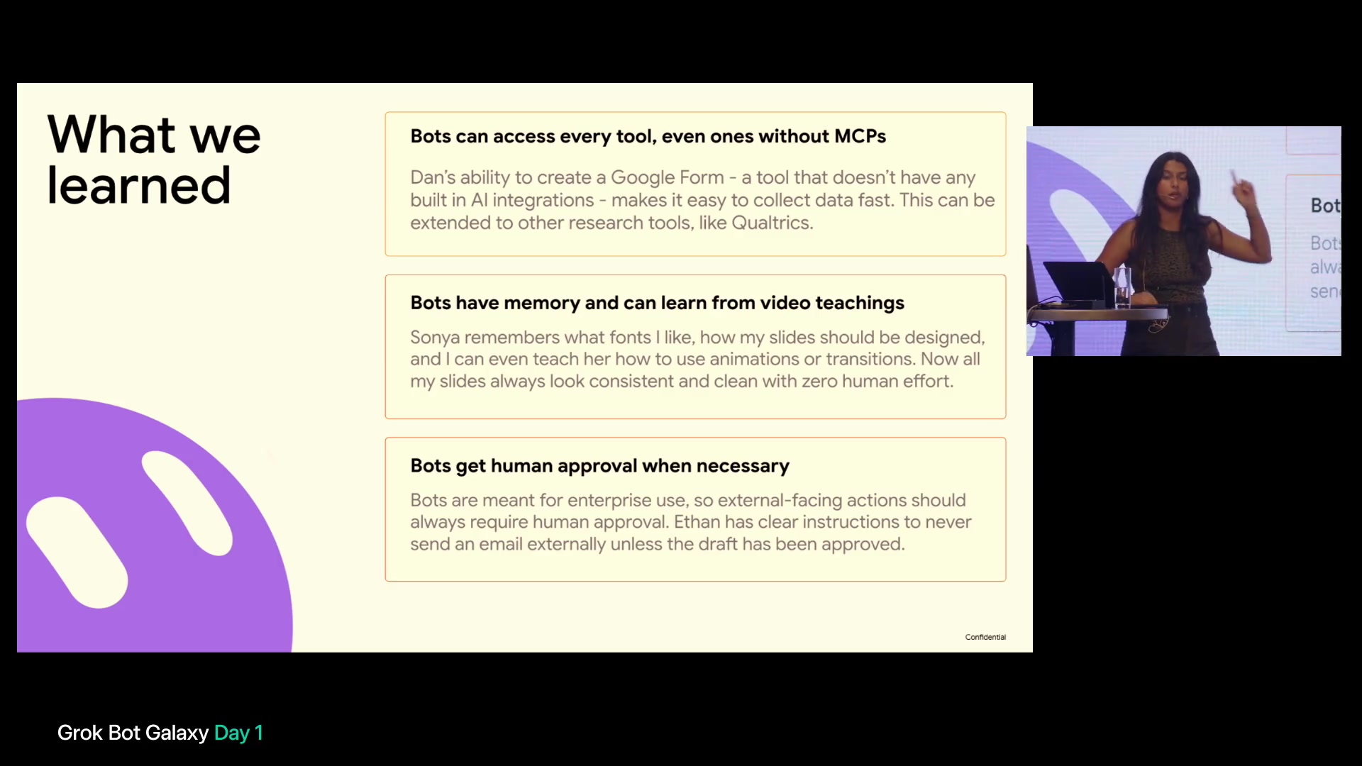 Closing slide: three Grok Bot learnings